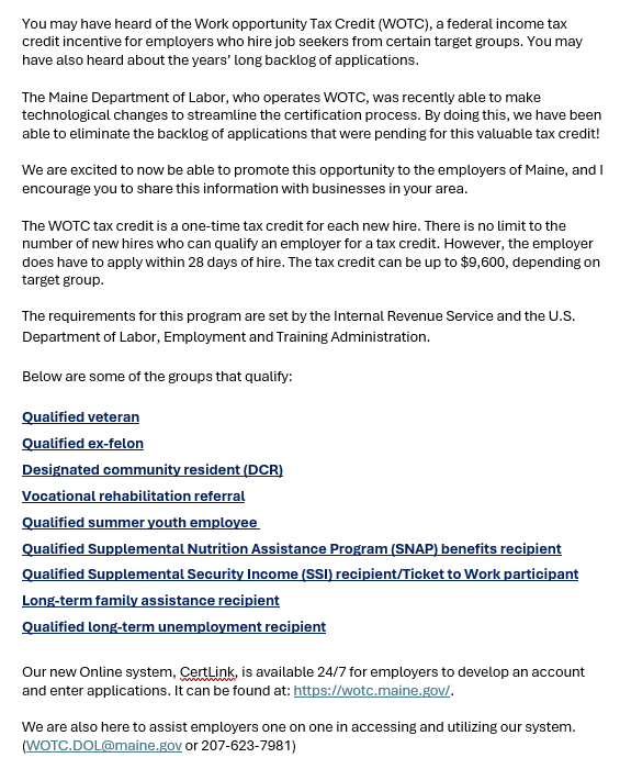 WORK TAX CREDITS