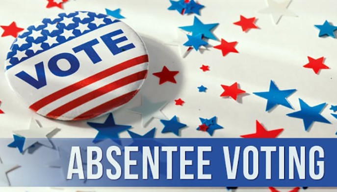 Absentee voting theme with a round badge saying VOTE and red/white stripes, surrounded by red and blue stars; banner reads Absentee Voting.